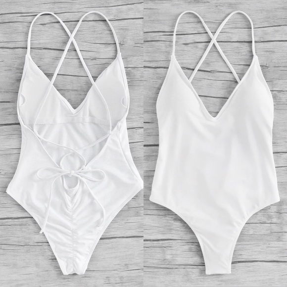 Ruched butt swimsuit white one piece swim - Picture 2 of 2